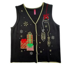 Holiday Time‎ Christmas Sweater Vest Womens 2X 20 Black Gold Embroidered Beaded